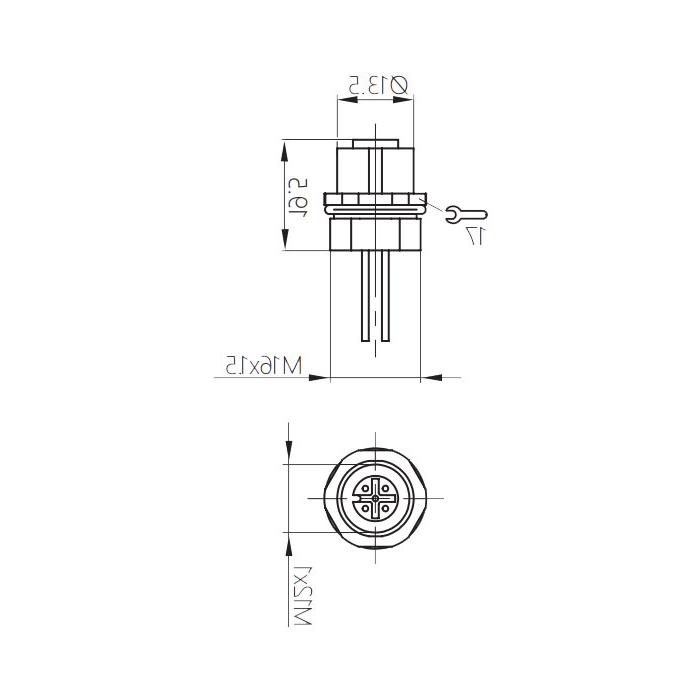 M12 4-pin, straight female, flange socket, front mounting, for PCB mounting, 64SA01P