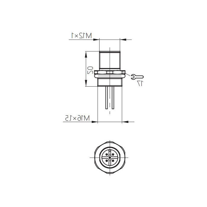 M12 4-PIN, straight male head, flange socket, plate front mounting, pre-cast UL electronic wire, 64SA21-XXX