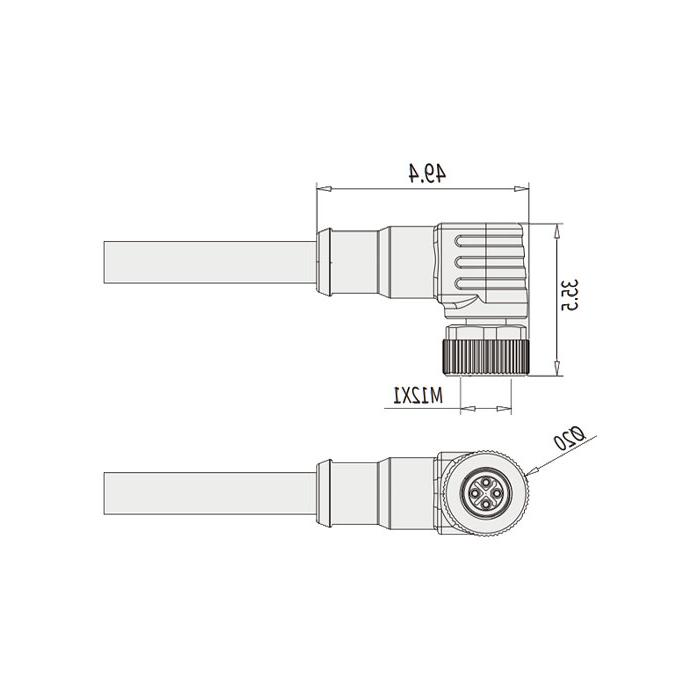 M12 4-PIN S-coded, 90° female, single-end pre-cast PVC non-flexible cable, yellow sheath, 64SP43-XXX